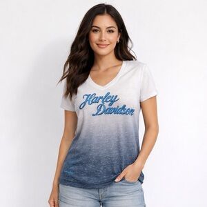 Harley-Davidson Yellowstone Bozeman Montana V-Neck Tee Ombre Blue Size M